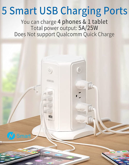 Load image into Gallery viewer, Power Strip Tower Surge Protector,  8 Outlet 5 USB Desktop Charging Station 1625W 13A, 6FT Extension Cord Flat Plug, Individual Switches, 1080 Joules, Overload Protection for Home Office
