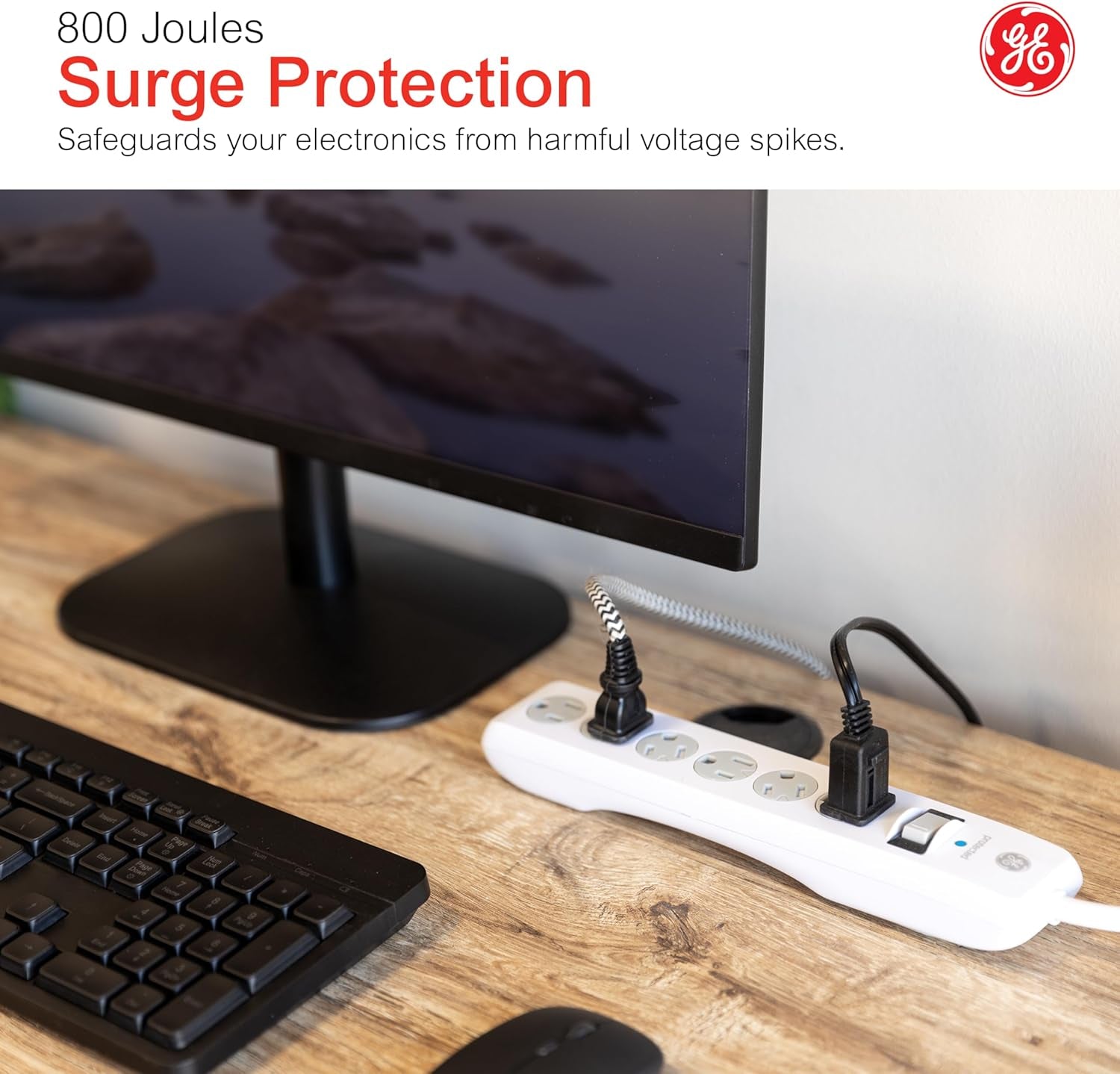 6-Outlet Sur Protector, 15 Ft Extension Cord, Power Strip, 800 Joules, Flat Plug, Twist-To-Close Safety Covers, Protected Indicator Light, UL Listed, White, 50768