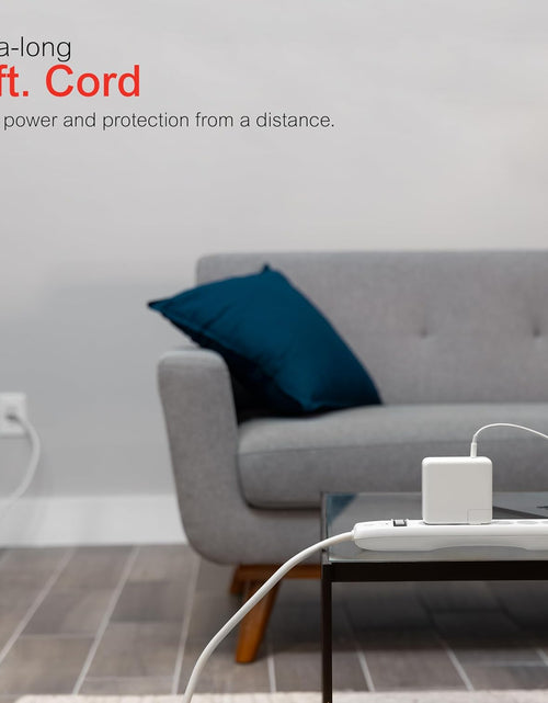 Load image into Gallery viewer, 6-Outlet Sur Protector, 15 Ft Extension Cord, Power Strip, 800 Joules, Flat Plug, Twist-To-Close Safety Covers, Protected Indicator Light, UL Listed, White, 50768
