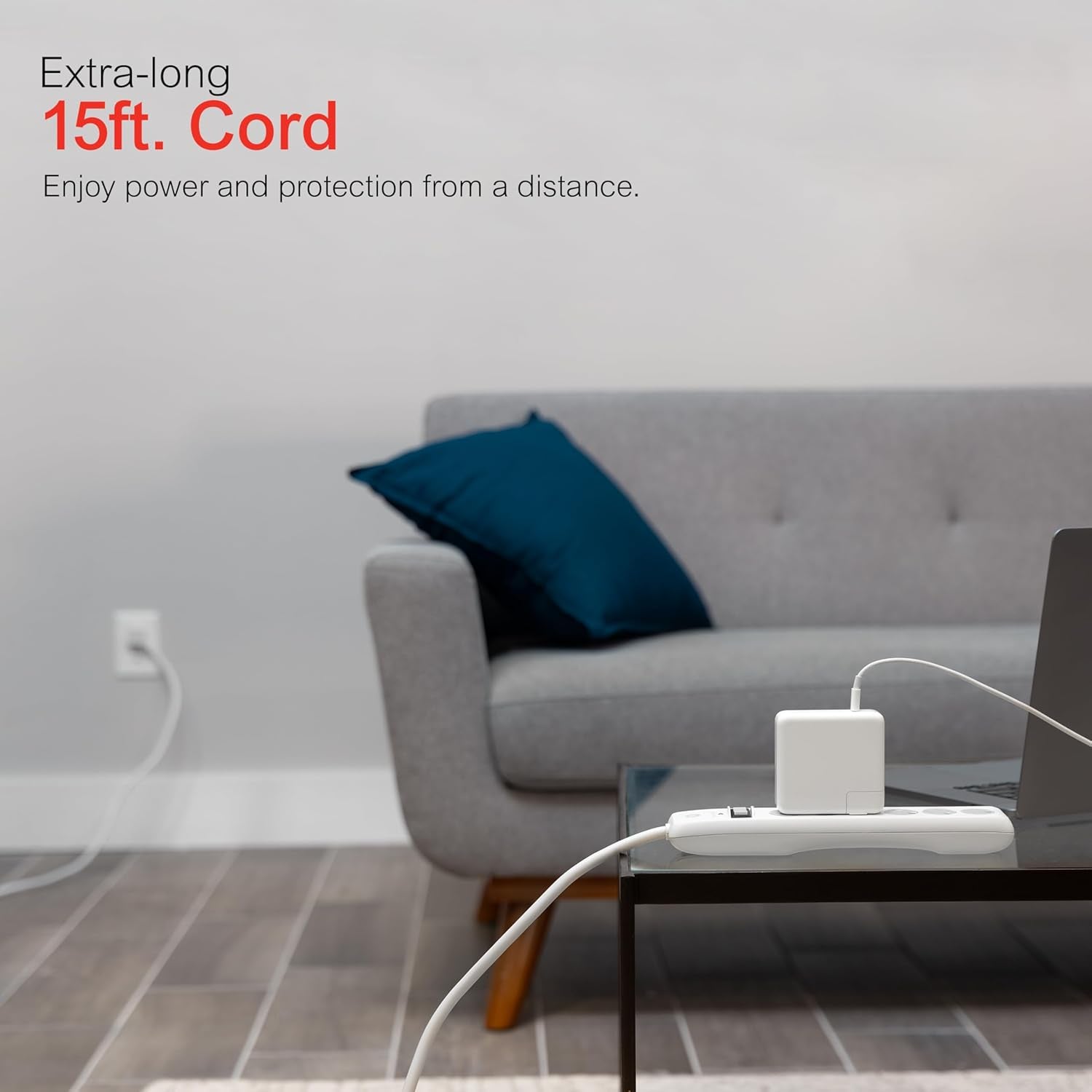6-Outlet Sur Protector, 15 Ft Extension Cord, Power Strip, 800 Joules, Flat Plug, Twist-To-Close Safety Covers, Protected Indicator Light, UL Listed, White, 50768
