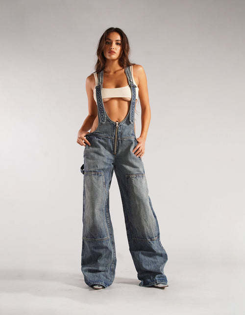 Load image into Gallery viewer, Y2K Zipper Denim Overalls with Pockets Fashion Loose Suspender Jumpsuit Streetwear Jeans Pants Womens Clothing
