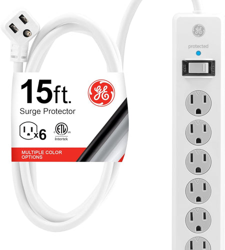 6-Outlet Sur Protector, 15 Ft Extension Cord, Power Strip, 800 Joules, Flat Plug, Twist-To-Close Safety Covers, Protected Indicator Light, UL Listed, White, 50768