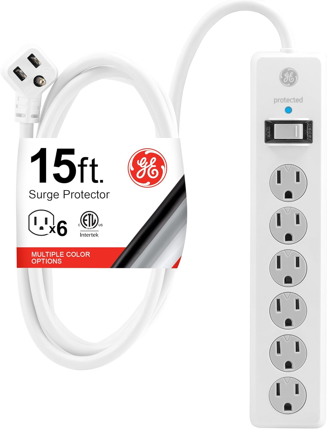 6-Outlet Sur Protector, 15 Ft Extension Cord, Power Strip, 800 Joules, Flat Plug, Twist-To-Close Safety Covers, Protected Indicator Light, UL Listed, White, 50768
