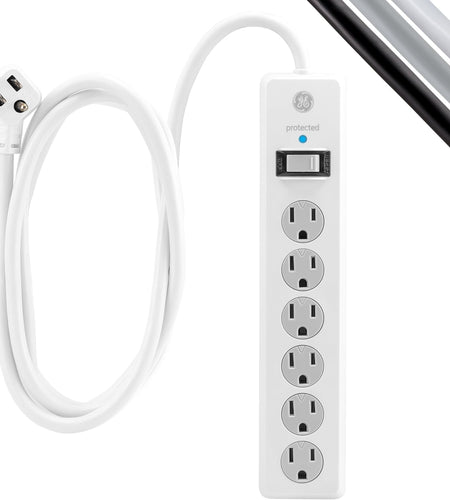 6-Outlet Sur Protector, 15 Ft Extension Cord, Power Strip, 800 Joules, Flat Plug, Twist-To-Close Safety Covers, Protected Indicator Light, UL Listed, White, 50768