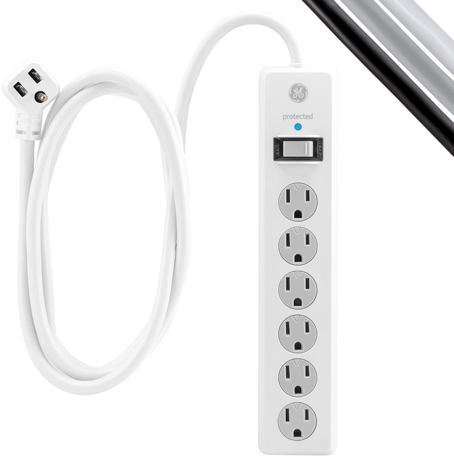 6-Outlet Sur Protector, 15 Ft Extension Cord, Power Strip, 800 Joules, Flat Plug, Twist-To-Close Safety Covers, Protected Indicator Light, UL Listed, White, 50768