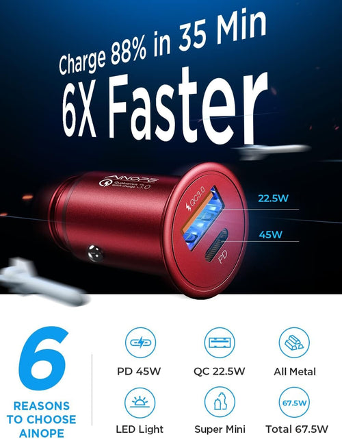 Load image into Gallery viewer, USB C Car Charger Super Mini  All Metal 36W Fast USB Car Charger PD&amp;QC 3.0 Dual Port Car Adapter Compatible with Iphone 12/12 Pro/Max/12 Mini/Iphone 11/Pro/Max/Xr/Xs/Max/8, Galaxy S21/20/10-Red
