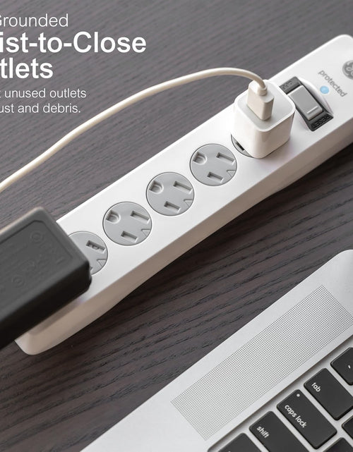 Load image into Gallery viewer, 6-Outlet Sur Protector, 15 Ft Extension Cord, Power Strip, 800 Joules, Flat Plug, Twist-To-Close Safety Covers, Protected Indicator Light, UL Listed, White, 50768
