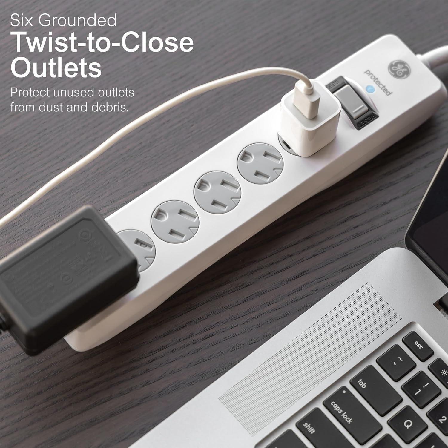 6-Outlet Sur Protector, 15 Ft Extension Cord, Power Strip, 800 Joules, Flat Plug, Twist-To-Close Safety Covers, Protected Indicator Light, UL Listed, White, 50768