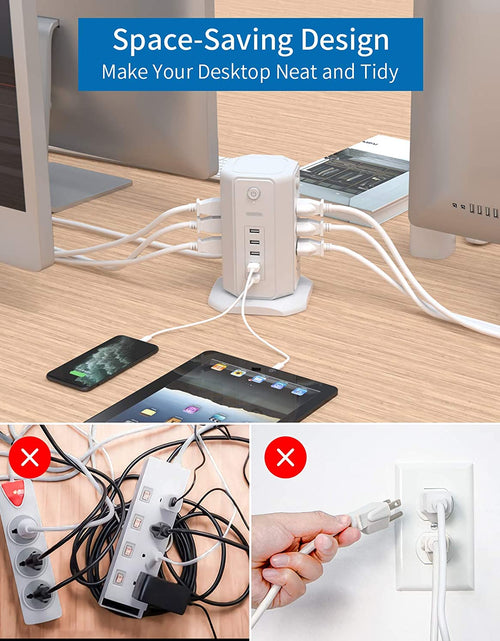 Load image into Gallery viewer, Power Strip Tower Surge Protector,  8 Outlet 5 USB Desktop Charging Station 1625W 13A, 6FT Extension Cord Flat Plug, Individual Switches, 1080 Joules, Overload Protection for Home Office

