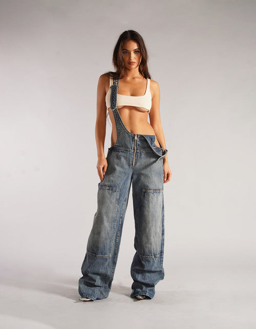 Load image into Gallery viewer, Y2K Zipper Denim Overalls with Pockets Fashion Loose Suspender Jumpsuit Streetwear Jeans Pants Womens Clothing
