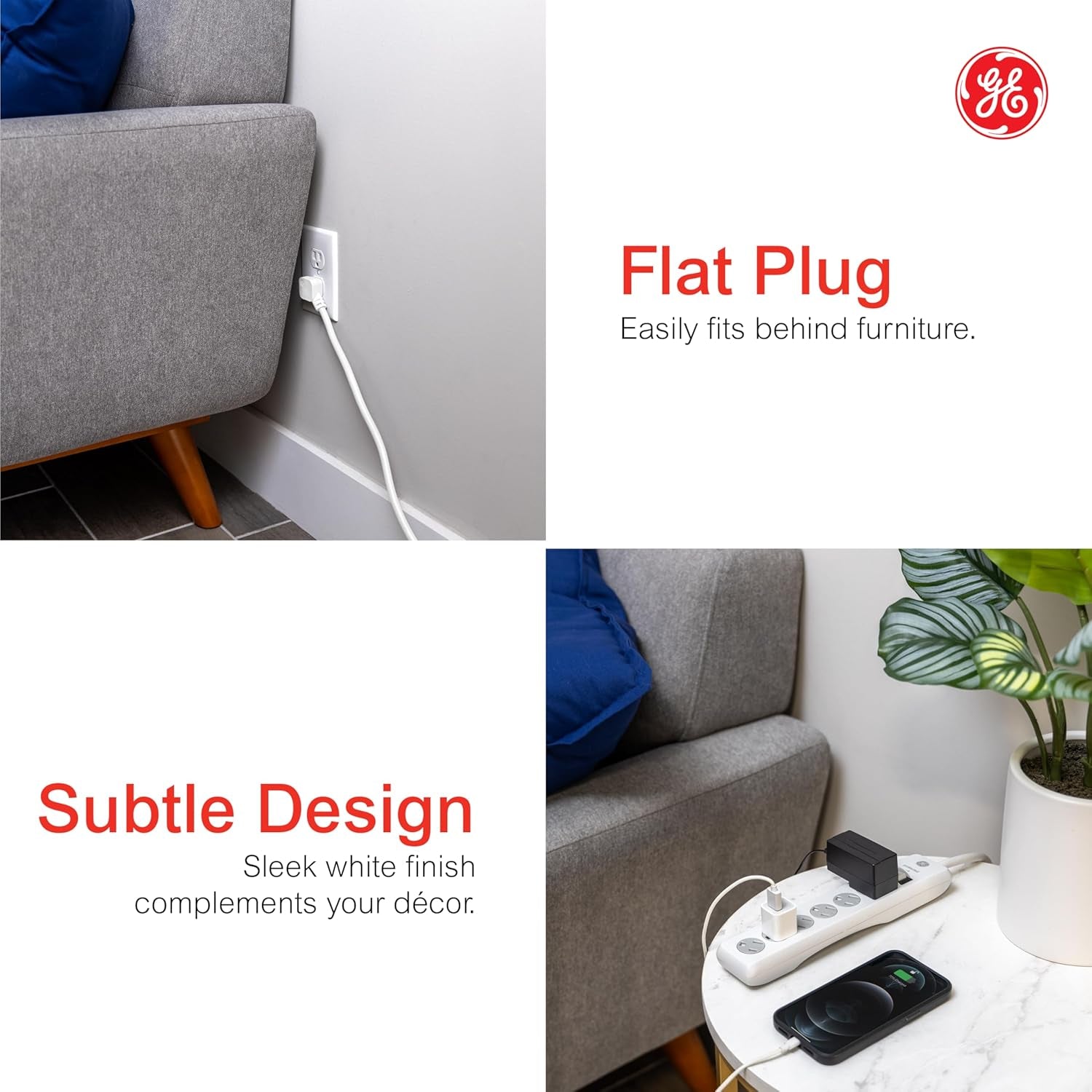 6-Outlet Sur Protector, 15 Ft Extension Cord, Power Strip, 800 Joules, Flat Plug, Twist-To-Close Safety Covers, Protected Indicator Light, UL Listed, White, 50768
