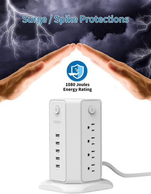 Load image into Gallery viewer, Power Strip Tower Surge Protector,  8 Outlet 5 USB Desktop Charging Station 1625W 13A, 6FT Extension Cord Flat Plug, Individual Switches, 1080 Joules, Overload Protection for Home Office
