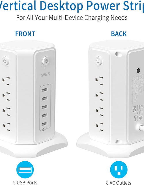 Load image into Gallery viewer, Power Strip Tower Surge Protector,  8 Outlet 5 USB Desktop Charging Station 1625W 13A, 6FT Extension Cord Flat Plug, Individual Switches, 1080 Joules, Overload Protection for Home Office
