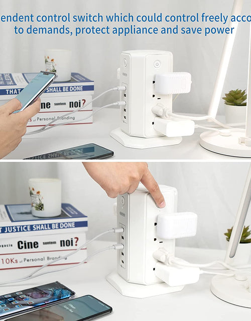 Load image into Gallery viewer, Power Strip Tower Surge Protector,  8 Outlet 5 USB Desktop Charging Station 1625W 13A, 6FT Extension Cord Flat Plug, Individual Switches, 1080 Joules, Overload Protection for Home Office
