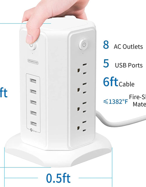 Load image into Gallery viewer, Power Strip Tower Surge Protector,  8 Outlet 5 USB Desktop Charging Station 1625W 13A, 6FT Extension Cord Flat Plug, Individual Switches, 1080 Joules, Overload Protection for Home Office
